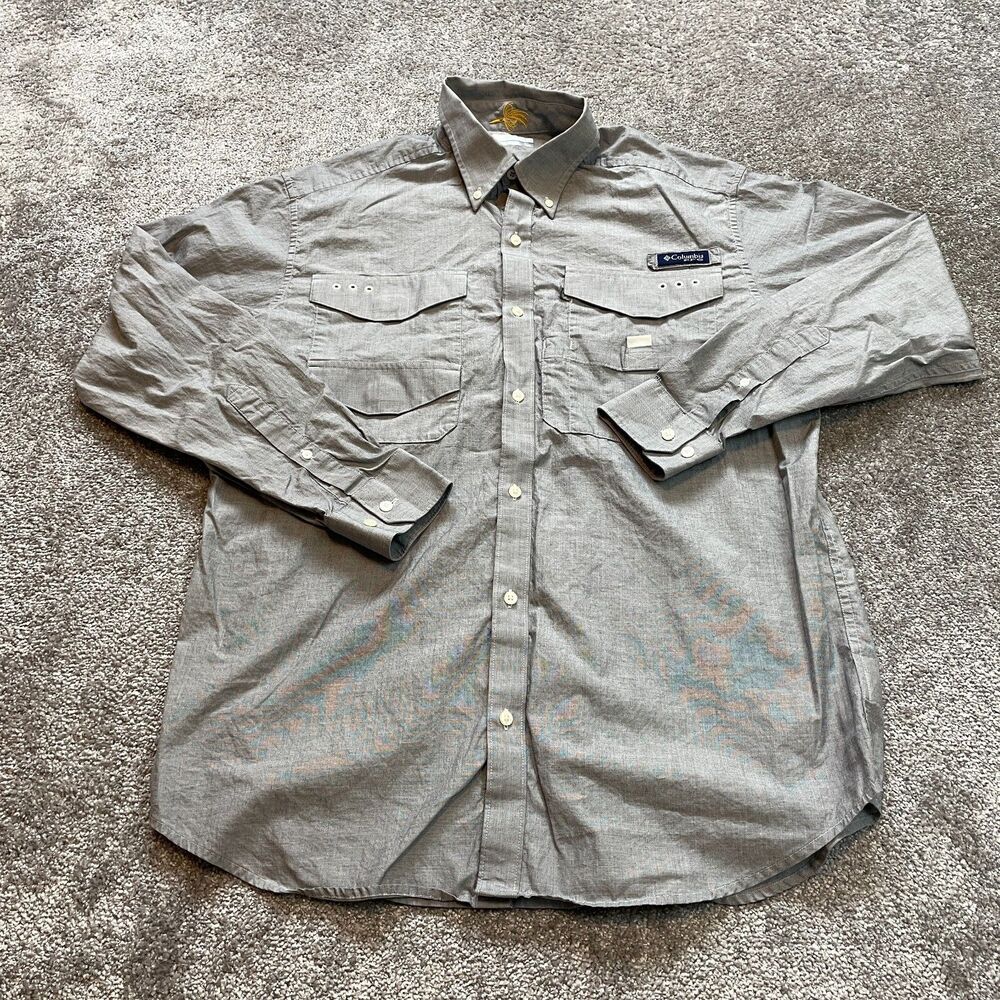 Columbia Sportswear Shirt Mens Large Gray Long Sleeve Fishing PFG Pocket Outdoor